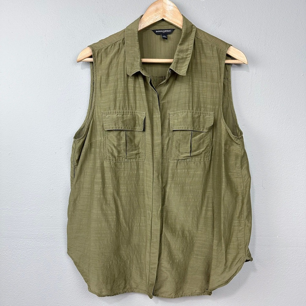 Banana Republic Sleeveless Top Womens L Olive Green Cotton Silk Voile Utility - Picture 1 of 9